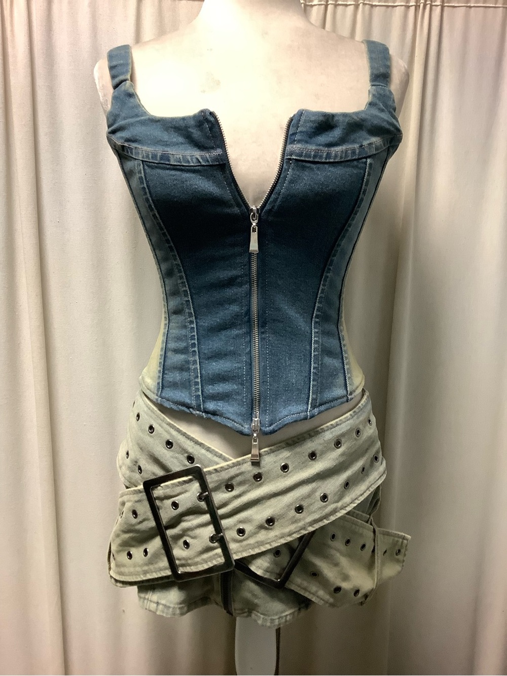 Jaded London Denim Mini Skirt Zip Front Corset Top i